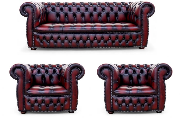Chesterfield Claridge 3 + Club Chair + Club Chair Sofa Suite Buttoned Seat Antique Oxblood Leather
