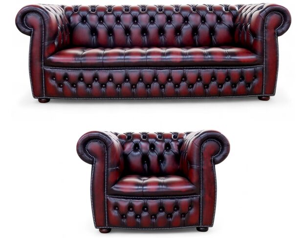 Chesterfield Claridge 3 + Club Chair Sofa Suite Buttoned Seat Antique Oxblood Leather