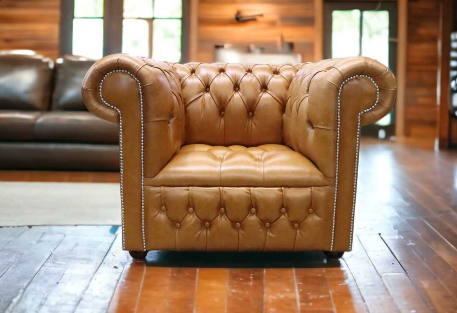 Product photograph of Chesterfield Low Back Club Armchair Buttoned Seat Old English Saddle Leather from Designer Sofas 4U