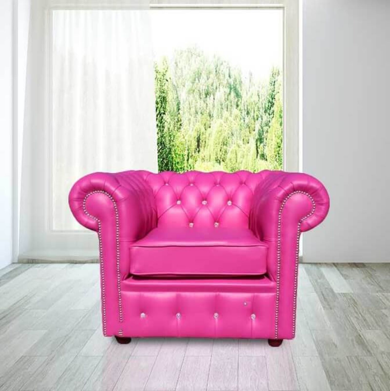 Product photograph of Chesterfield Crystallized - Elements Low Back Armchair Vele Pink Leather from Designer Sofas 4U