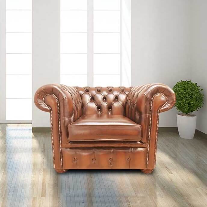 Club Armchair Antique Tan Leather, Low Back Leather Chair