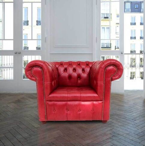 Chesterfield Low Back Club ArmChair Buttoned Seat Old English Gamay Red Leather