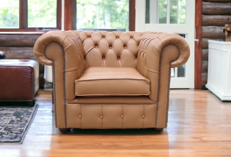 Product photograph of Chesterfield Low Back Club Chair Shelly Saddle Tan Real Leather from Designer Sofas 4U
