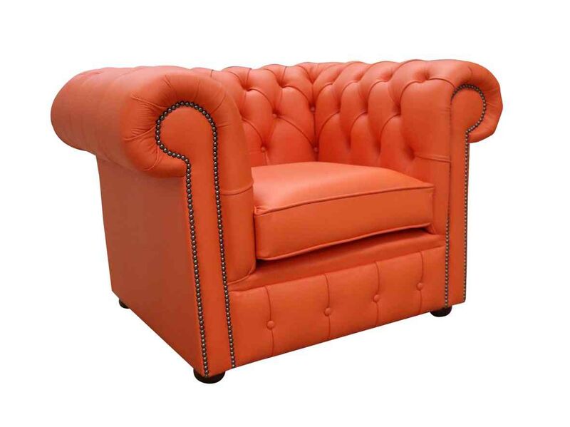 Product photograph of Chesterfield Low Back Club Armchair Flamenco Orange Leather Stock from Designer Sofas 4U