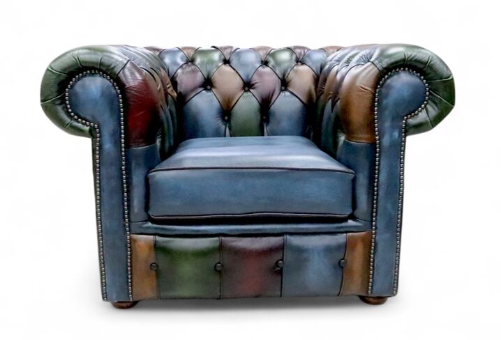 Patchwork Chesterfield Club Armchair Antique Leather Blue Seat