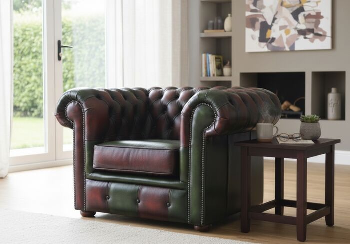 Chesterfield Leather Patchwork Club Chair Antique Leather Antique Green / Oxblood