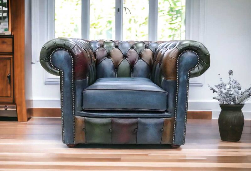 Product photograph of Patchwork Chesterfield Club Armchair Antique Leather Blue Seat from Designer Sofas 4U