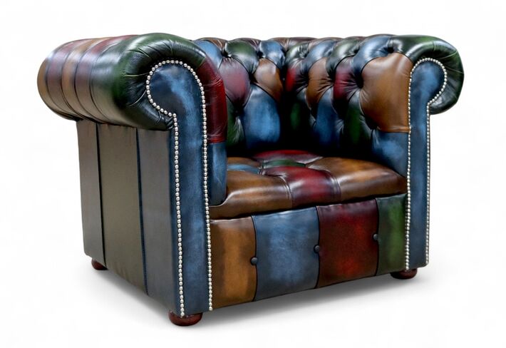 Patchwork Chesterfield Edwardian Club Armchair Antique Leather Blue Seat