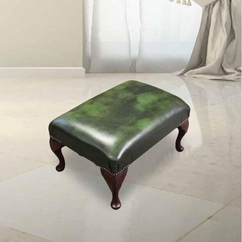 Chesterfield 1930's Queen Anne Footstool UK Manufactured Antique Green Leather
