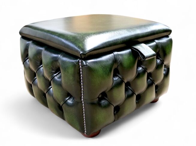 Chesterfield Buttoned Storage Box Pouffe Ottoman Antique Green Leather Fixed Top