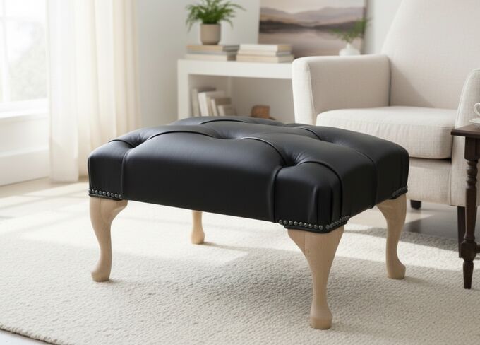 Chesterfield Duke Queen Anne Footstool Black Leather