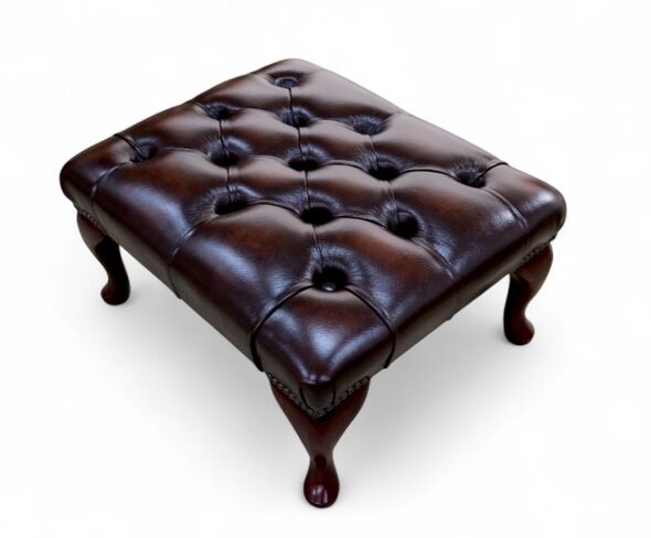 Chesterfield Queen Anne footstool Antique Brown Real Leather