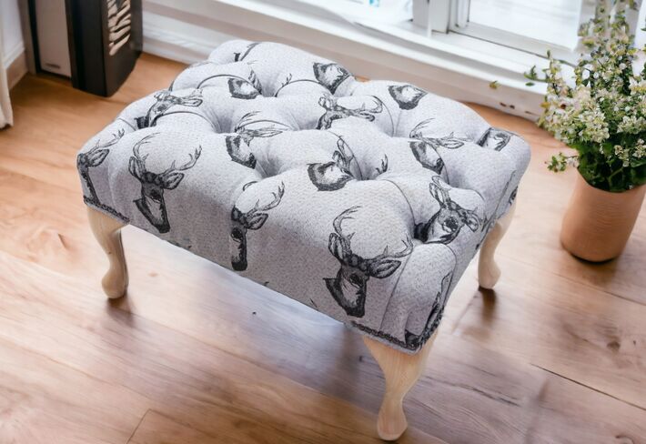Chesterfield Queen Anne Footstool Antler Charcoal Grey Fabric