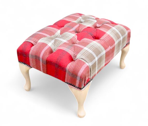Chesterfield Queen Anne Footstool Balmoral Red Tartan Fabric