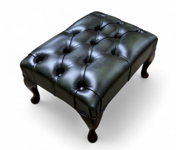 Chesterfield Queen Anne Footstool Luxury Tufted Olive Leather – Vintage Style Footstool with Solid Wood Legs
