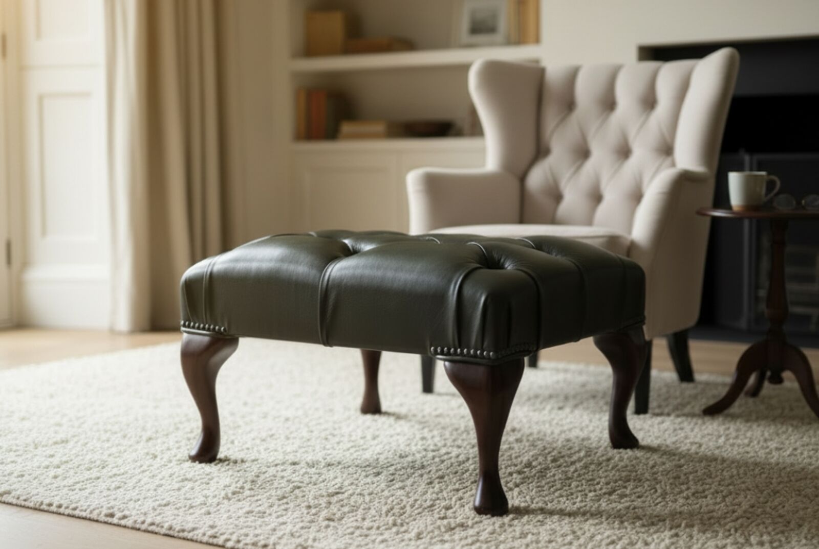 Chesterfield Queen Anne Footstool Luxury Tufted Olive Leather Vintage Style Footstool with Solid Wood Legs