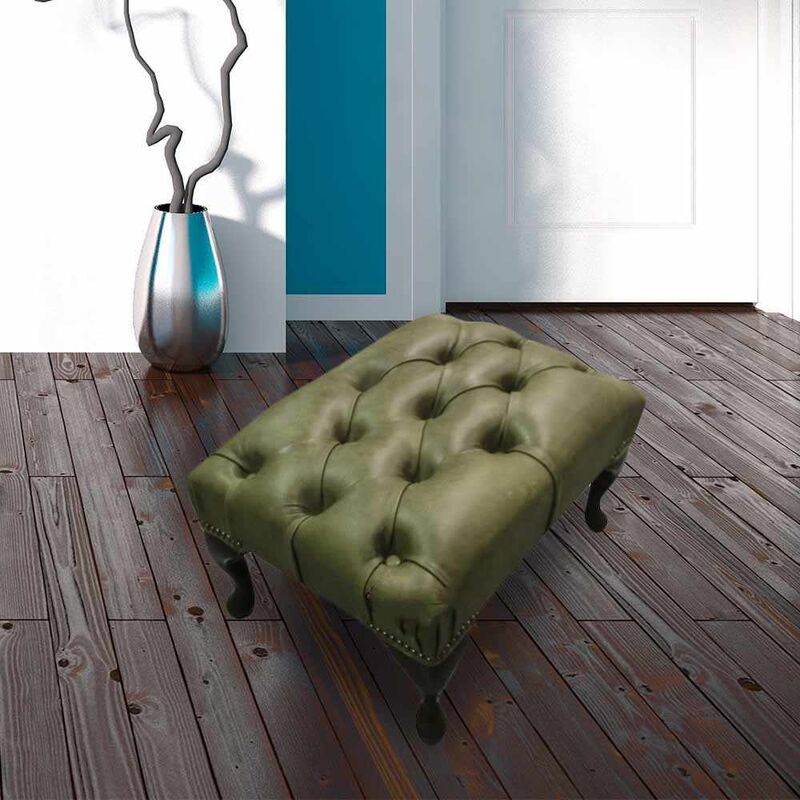 Product photograph of Chesterfield Queen Anne Footstool Selvaggio Sage Green Leather from Designer Sofas 4U