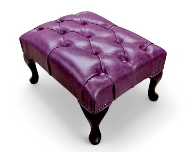 Chesterfield Queen Anne Footstool UK Manufactured Old English Plum Leather