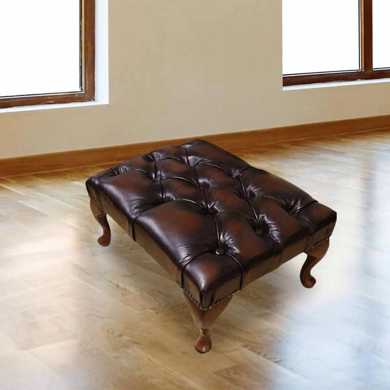 Product photograph of Chesterfield Queen Anne Footstool Antique Brown Real Leather from Designer Sofas 4U