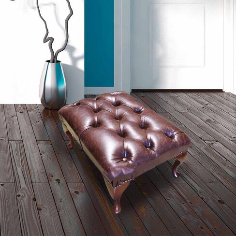 Premium Old English Brown Leather Chesterfield Queen Anne footstool | DesignerSofas4U