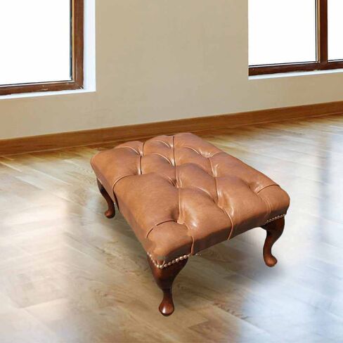Chesterfield Queen Anne Footstool UK Manufactured Old English Tan Leather