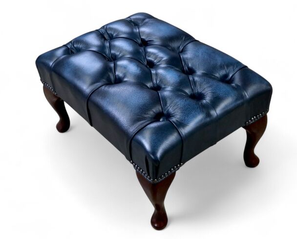 Chesterfield Queen Anne Leather Tufted Footstool Antique Blue