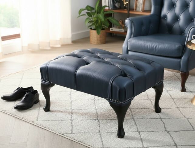 Chesterfield Queen Anne Leather Tufted Footstool Antique Blue