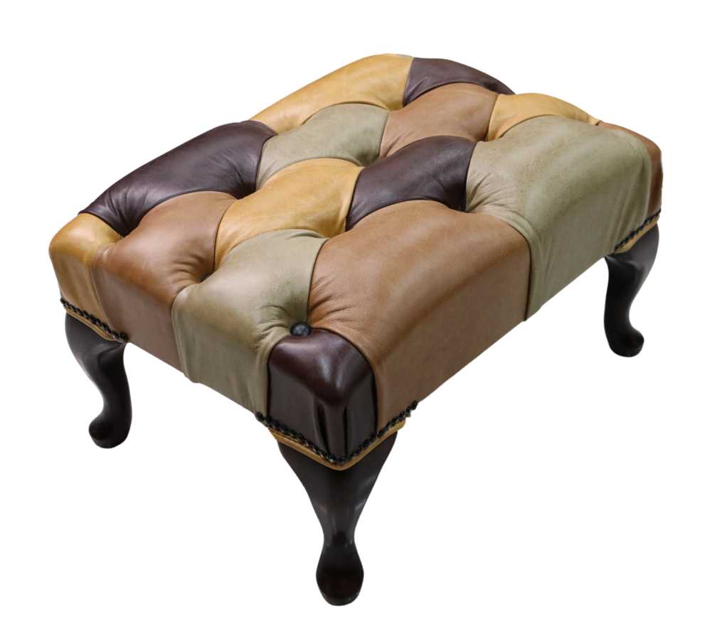 Chesterfield Footstool With Queen Anne Legs in Genuine Antique Patchwork  Leather 