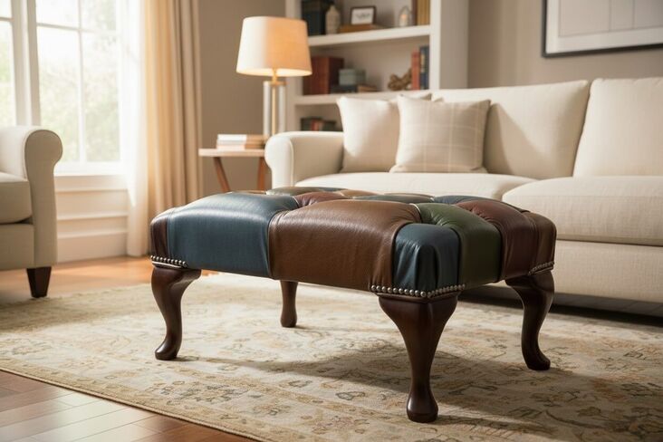 Chesterfield Queen Anne Patchwork Antique Leather Footstool