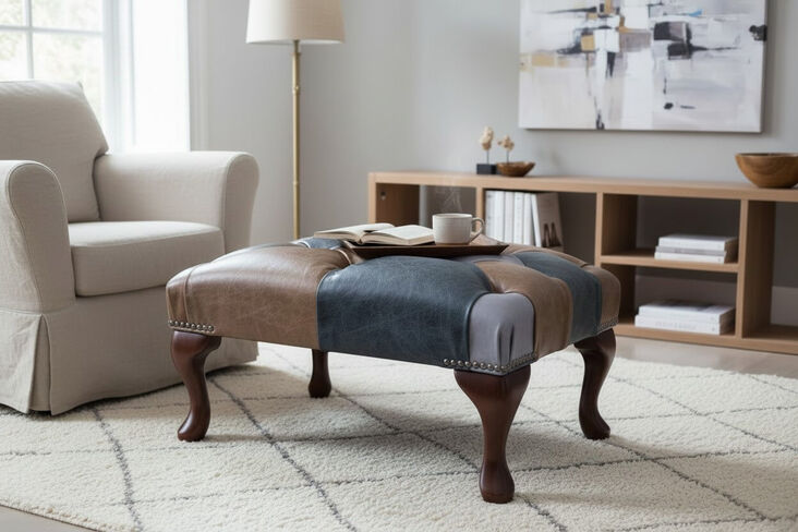 Chesterfield Queen Anne Patchwork Cracked Wax Leather Footstool