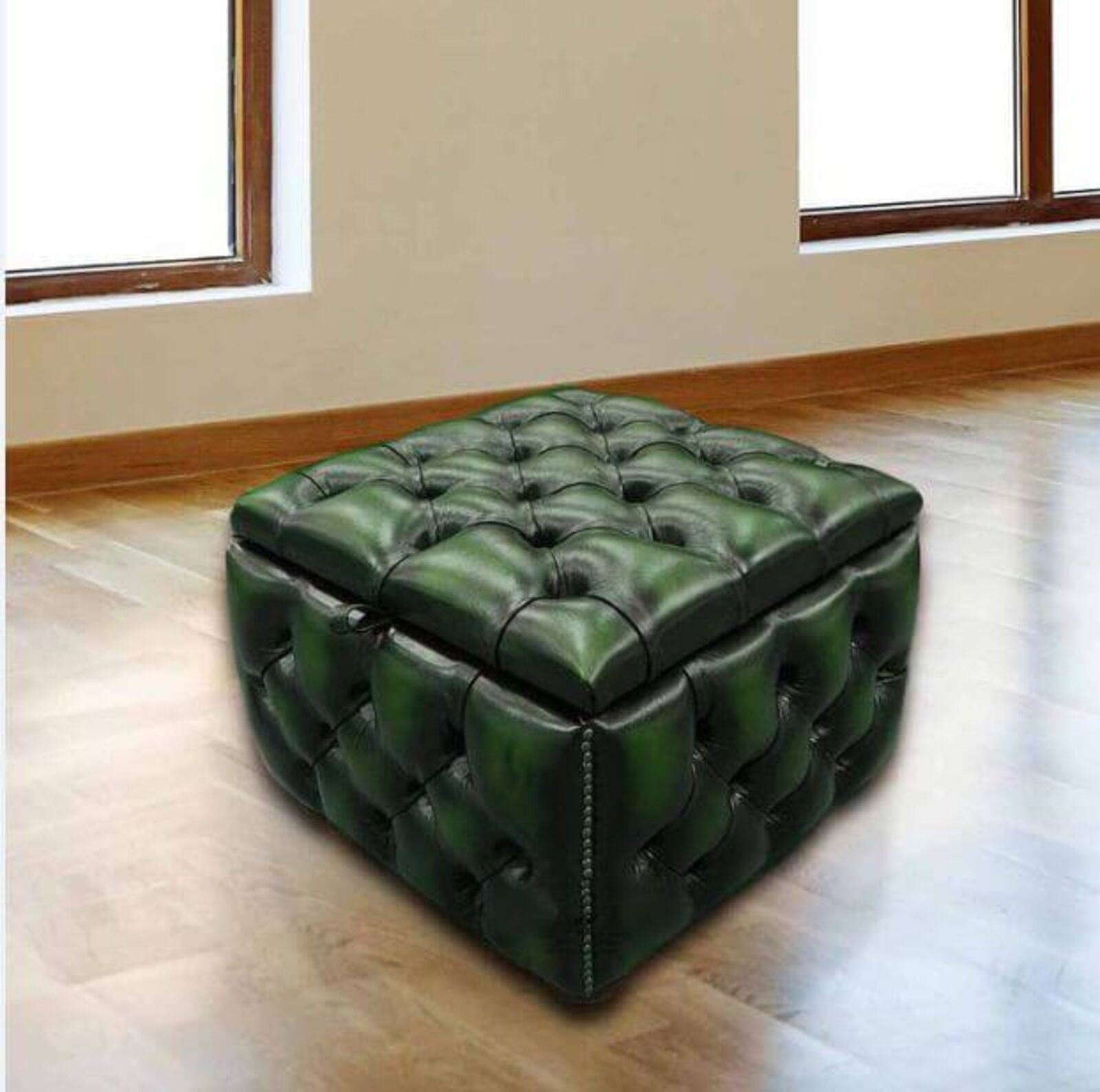 Product photograph of Chesterfield Buttoned Storage Box Pouffe Antique Green Designersofas4u from Designer Sofas 4U