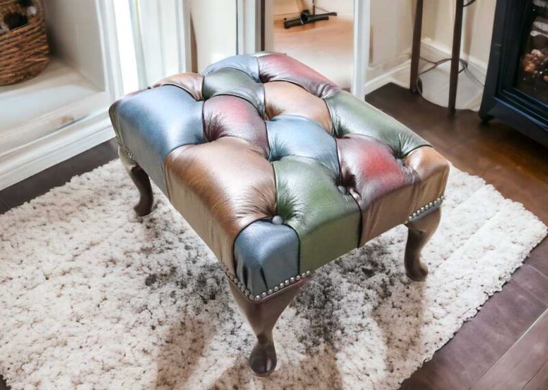 Product photograph of Chesterfield Queen Anne Patchwork Antique Leather Footstool from Designer Sofas 4U