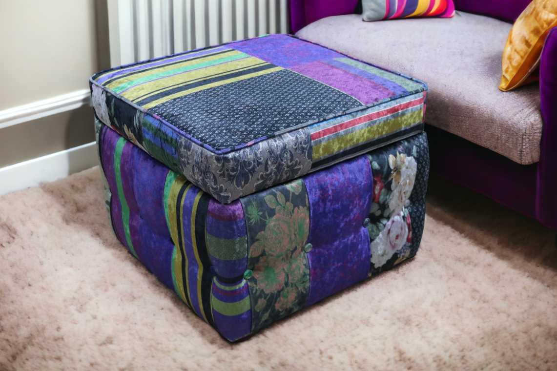 Hand-Embroidered Patchwork Ottoman Footstool - Purple Patches