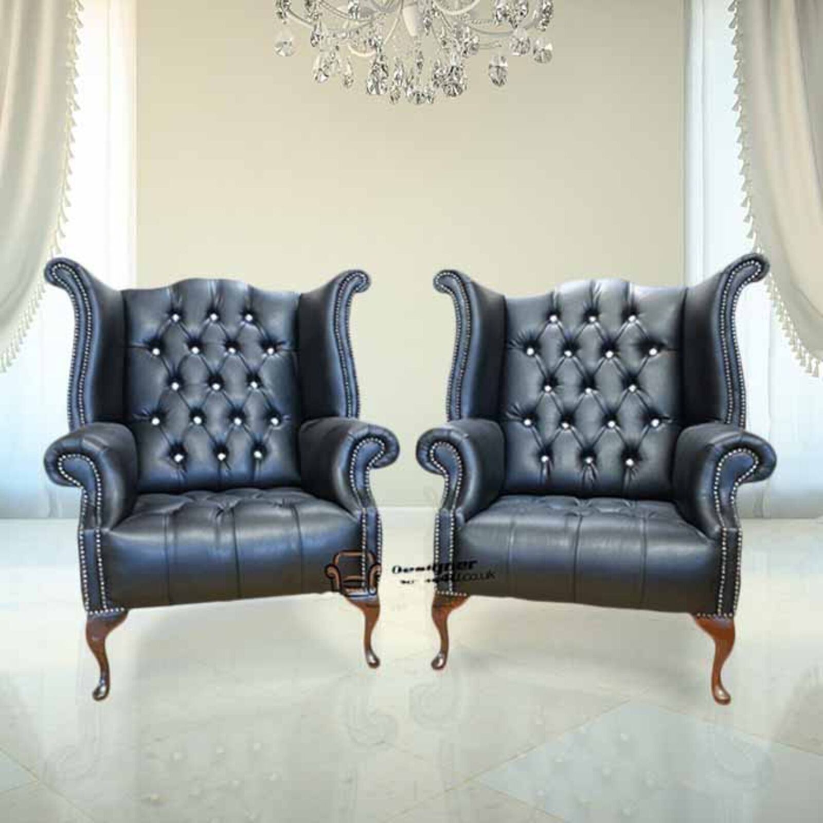 Product photograph of 2 X Chesterfield Crystallized Elements Queen Anne High Back Wing Chair Black Leather from Designer Sofas 4U