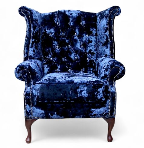 Blue Sapphire Velvet Chesterfield Crystal Queen Anne High Back Wing Chair | DesignerSofas4U