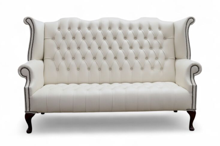 Chesterfield 3 Seater Almond Cream Queen Anne High Back Wing Sofa Leather Buttoned Seat