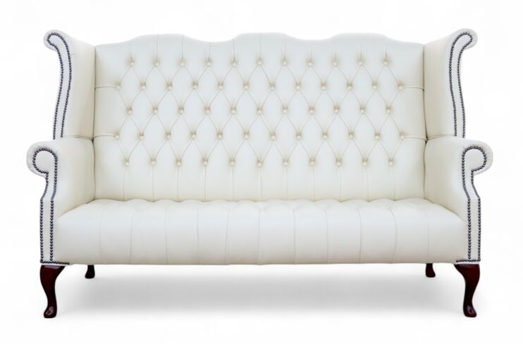 Chesterfield 3 Seater Cottonseed Cream Queen Anne High Back Wing Sofa Leather Buttoned Seat