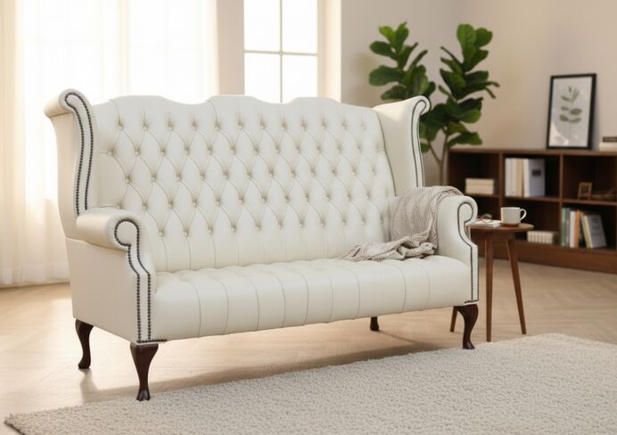 Chesterfield 3 Seater Cottonseed Cream Queen Anne High Back Wing Sofa Leather Buttoned Seat