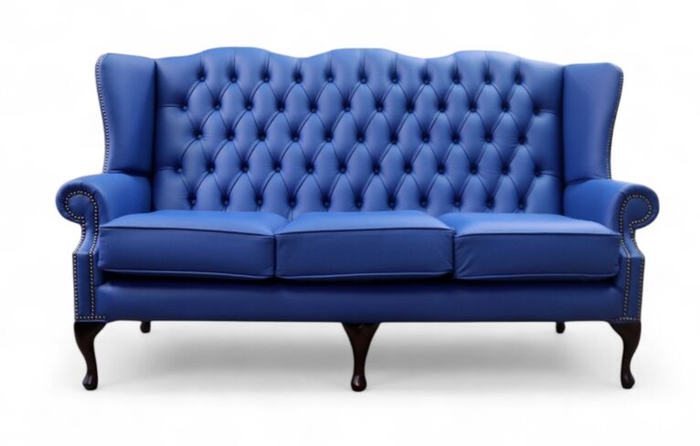 Chesterfield 3 Seater Flat Wing Queen Anne High Back Wing Sofa Ultramarine Blue Leather