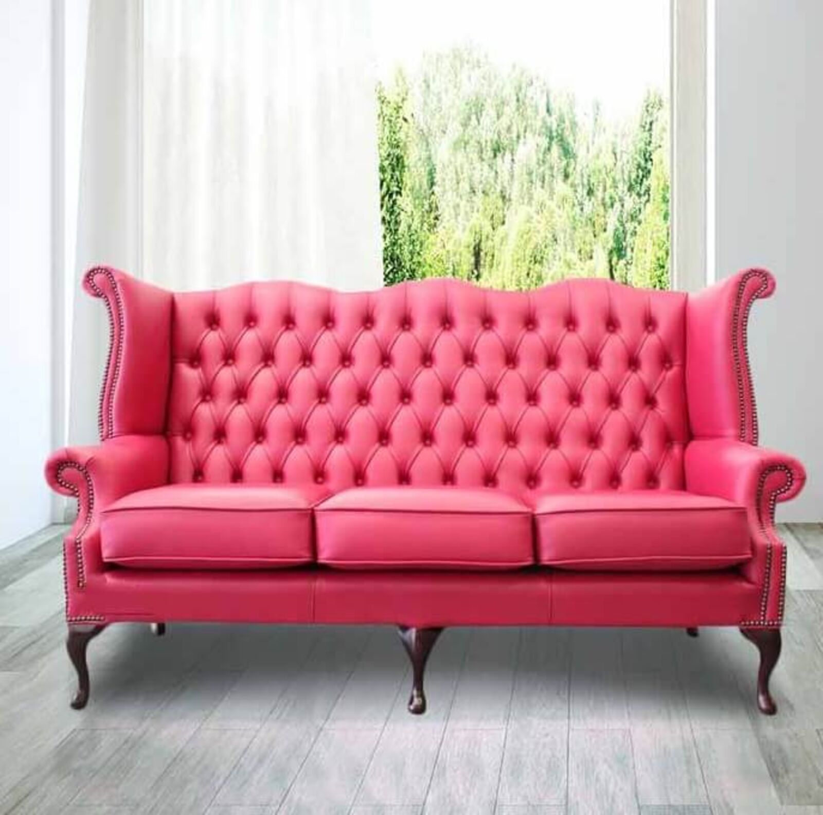 Product photograph of Chesterfield 3 Seater Queen Anne High Back Wing Sofa Anemone Leather Uk Manufactured from Designer Sofas 4U