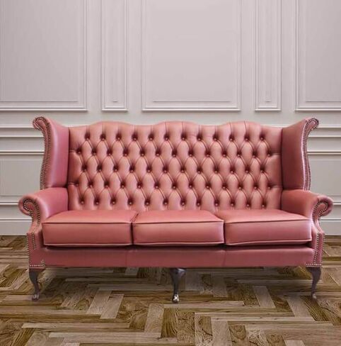 Chesterfield 3 Seater Queen Anne High Back Wing Sofa Burgandy Leather UK Manufactured