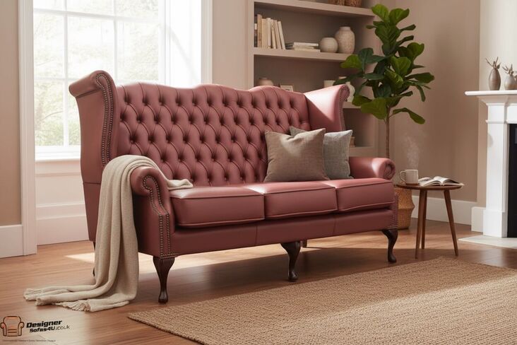 Chesterfield 3 Seater Queen Anne High Back Wing Sofa Burgandy Leather UK Manufactured