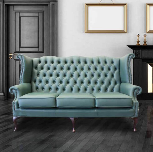 Jade Green Leather Chesterfield 3 Seater High Back Wing sofa | DesignerSofas4U