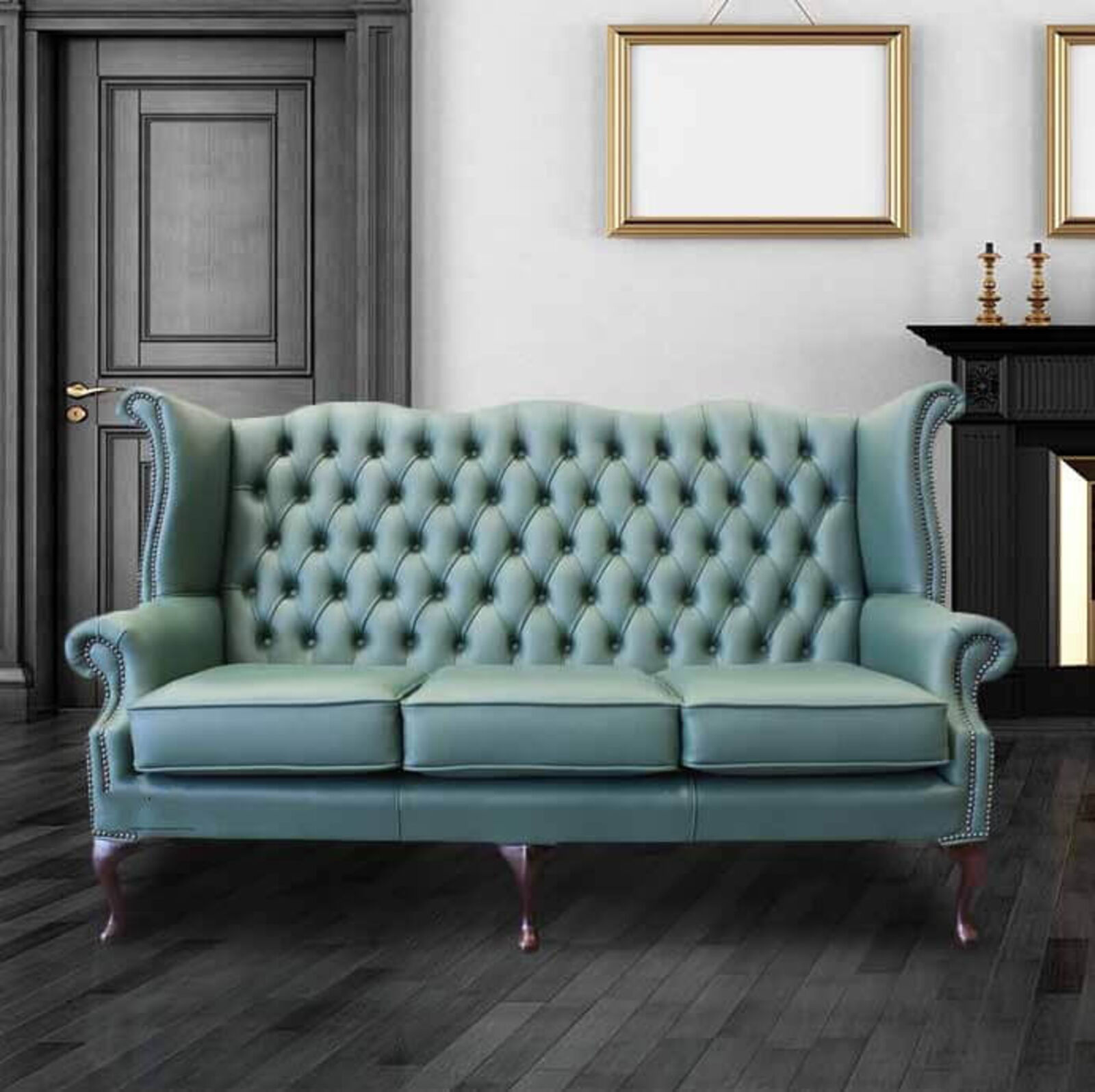 Product photograph of Jade Green Leather Chesterfield 3 Seater High Back Wing Sofa Designersofas4u from Designer Sofas 4U