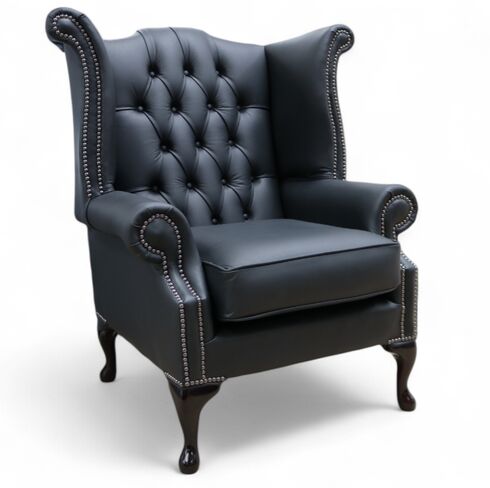 Chesterfield Black Leather Wing Chair