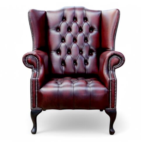 Chesterfield Bloomsbury Flat Wing Buttoned Seat Queen Anne High Back Wing Chair Antique Oxblood Leather
