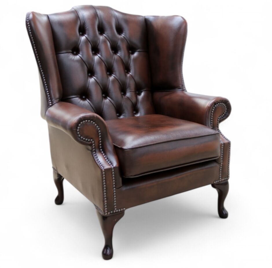 Chesterfield Bloomsbury Flat Wing High Back Wing Chair Antique Brown Leather 3