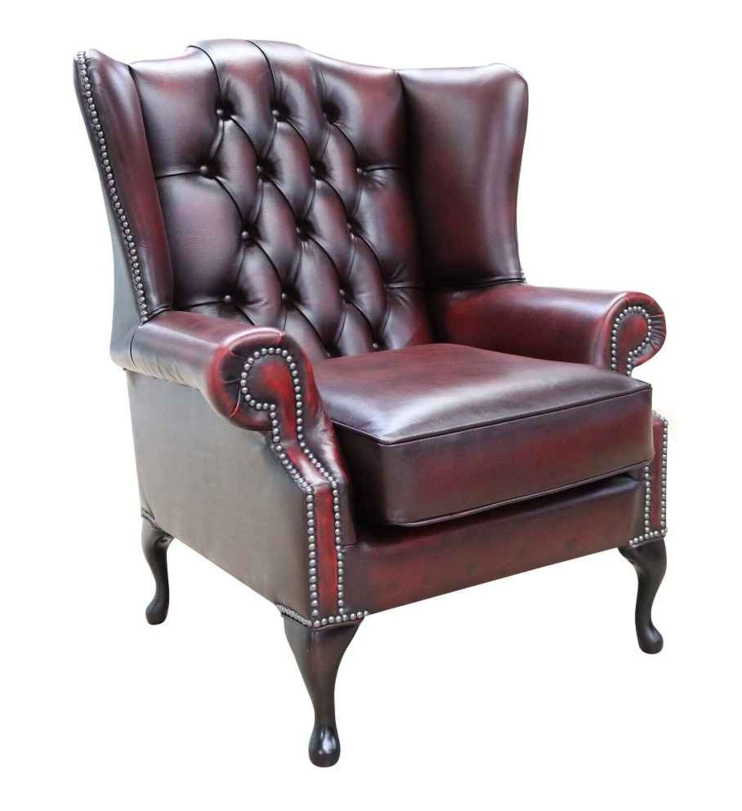 Product photograph of Rub Off Antique Oxblood Leather Chesterfield Bloomsbury Flat Wing High Back Wing Chair Designersofas4u from Designer Sofas 4U