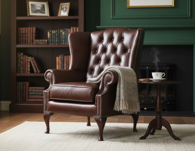 Chesterfield Bloomsbury Flat Wing Queen Anne High Back Wing Chair Old English Brown Leather