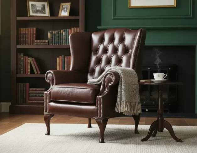 Chesterfield Bloomsbury Flat Wing Queen Anne High Back Wing Chair Old English Brown Leather